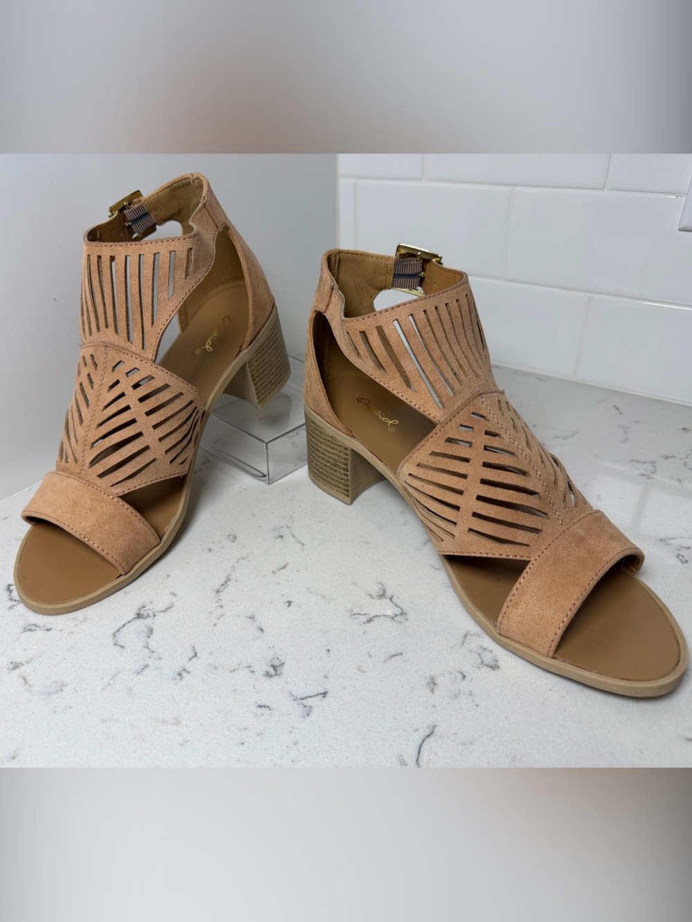 Qupid Tan Suede Cutout Block Heel Ankle Strap Sandals Size 9